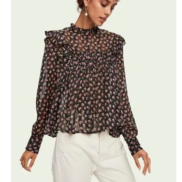SCOTCH & SODA Floaty Ruffled Long Sleeve Top in Black Floral Print size XS - Picture 1 of 11